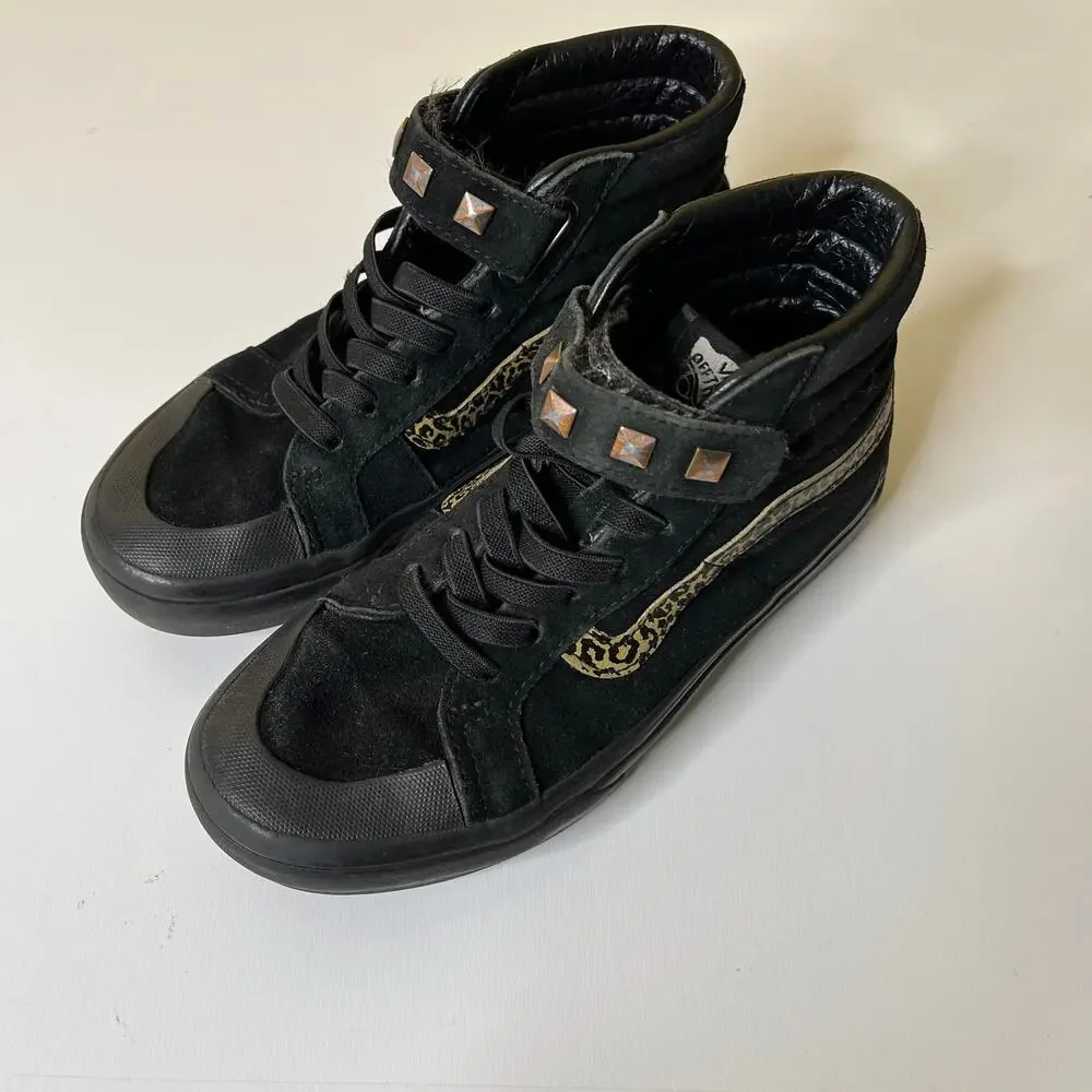 Vans SK8‎ Hi-Top Skate Shoes Sneakers Kids Boys 13.5 Black Suede Studded Leopard